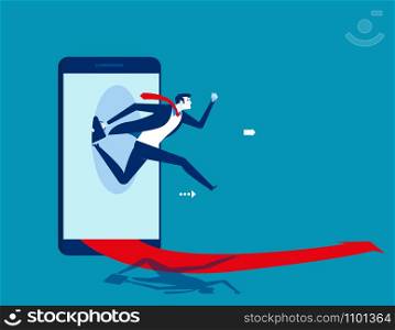 Businessman jumping out of the smart phone. Concept business starting online vector illustration.
