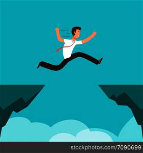 Businessman jumping over canyon. Business challenge, successful overcoming and risk vector cartoon concept. Businessman jump metaphor, motivation and decision illustration. Businessman jumping over canyon. Business challenge, successful overcoming and risk vector cartoon concept