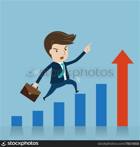 Businessman jumping over growing chart. cartoon vector for growing business concept.