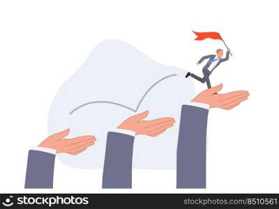 Businessman jumping up giant hand growth ladder to progress. helping hand or encouragement concept. Vector illustration