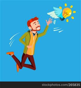 Businessman Jumps And Tries To Catch Idea Vector, Yellow Light Bulb Flying. Illustration. Businessman Jumps And Tries To Catch Idea Vector, Yellow Light Bulb Flying On Wings. Illustration