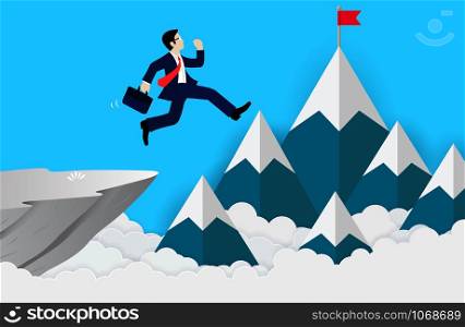 Businessman jumps from the cliff go to achieve business finance success. go to target growth. creative idea concept. leadership. Vector Illustration