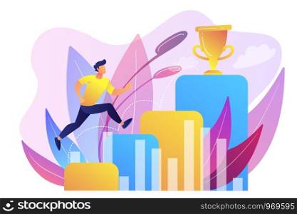 Businessman jumps on graph columns on the way to success. Positive thinking and success achievement, self-confidence concept on white background. Bright vibrant violet vector isolated illustration. On the way to success concept vector illustration.