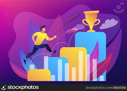 Businessman jumps on graph columns on way to success. Positive thinking and success achievement, self-confidence concept on ultraviolet background. Bright vibrant violet vector isolated illustration. On the way to success concept vector illustration.