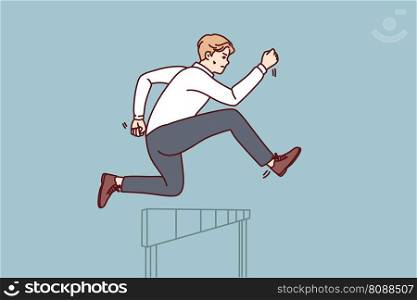 Businessman jumps over obstacle in pursuit of success and new clients for company or record breaking statistics. Purposeful businessman in formal wear running showing leadership skills . Businessman jumps over obstacle in pursuit of success and new clients for company