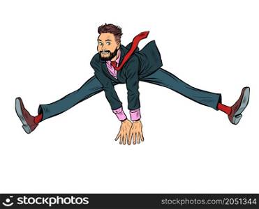 Businessman jumps up, funny leg pose wide. Joy emotions success. Pop Art Retro Vector Illustration Kitsch Vintage 50s 60s Style. Businessman jumps up, funny leg pose wide. Joy emotions success