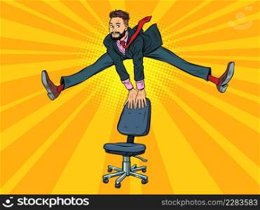 Businessman jumps up, funny leg pose wide. Joy emotions success. Pop Art Retro Vector Illustration Kitsch Vintage 50s 60s Style. Businessman jumps up, funny leg pose wide. Joy emotions success
