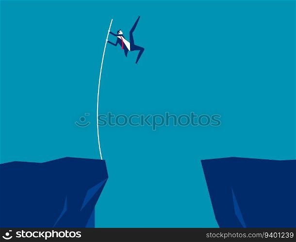 Businessman jumps with pole vault across the ravine. Business conquering adversity vector illustration