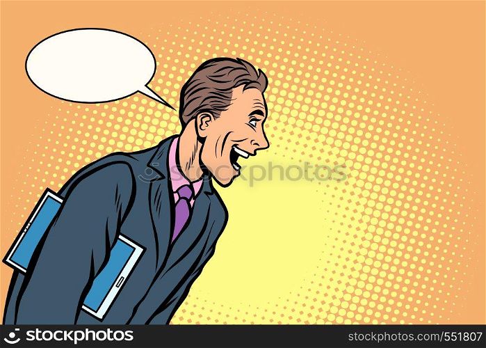 businessman laughs. a man joyful. Comic cartoon pop art vector retro vintage drawing. businessman laughs. a man joyful