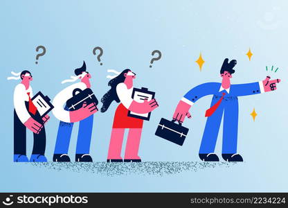 Businessman lead blindfolded employees point to right direction. Male business leader or boss head colleagues or coworkers to success or goal achievement. Vector illustration. . Businessman lead blindfolded colleagues to success