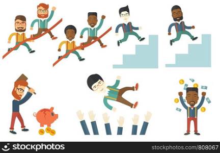 Businessman leader running through finish line. Businessman leader crossing finish line. Business success and leadership concept. Set of vector flat design illustrations isolated on white background.. Vector set of illustrations with business people.