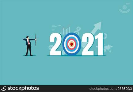 Businessman leader shooting archer of the target year 2021. Business strategy plan and goal achievement. A business financial target for the new year calendar concept