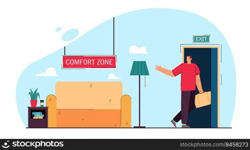 Businessman leaving comfort zone flat vector illustration. Office worker on way of changing lifestyle going through exit door. Comfort, change, stress, career concept for banner design, landing page