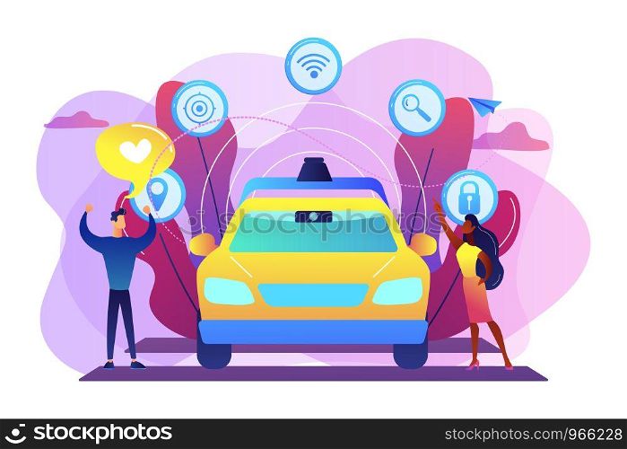 Businessman likes autonomous driverless car with smart technology icons. Autonomous driving, self-driving car, future transport system concept. Bright vibrant violet vector isolated illustration. Autonomous driving concept vector illustration.