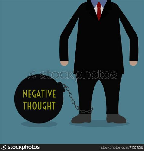 Businessman locked in a NEGATIVE THOUGHT Ball and Chain, obstacle in life