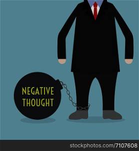 Businessman locked in a NEGATIVE THOUGHT Ball and Chain, obstacle in life