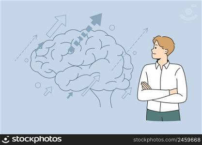 Businessman look at huge brain image develop idea or solve business problem. Male employee brainstorm think of trouble solution. Creativity and innovation. Flat vector illustration. . Businessman look at brain image thinking 