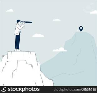 Businessman look from mountain. Way future, rocks peak with target. Business success and difficulties, strategy journey metaphor. Recent vector goal. Illustration of leadership on peak look to career. Businessman look from mountain. Way future, rocks peak with target point. Business success and difficulties, strategy journey metaphor. Recent vector goal concept