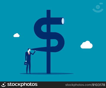 Businessman look into dollar sign telescope to see future. Investment opportunity discovery and financial vision 