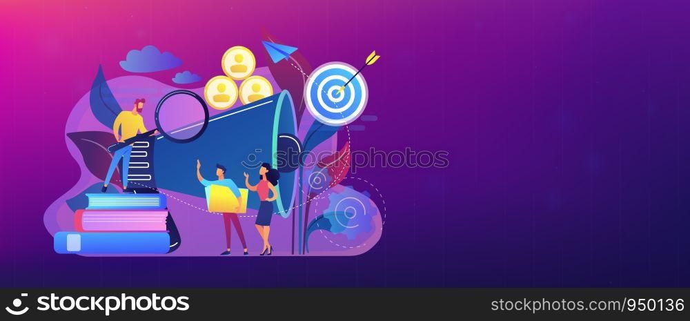 Businessman look with magnifier at target group. Market segmentation and adverts, target market and customer concept on white background. Header or footer banner template with copy space.. Target group concept banner header.