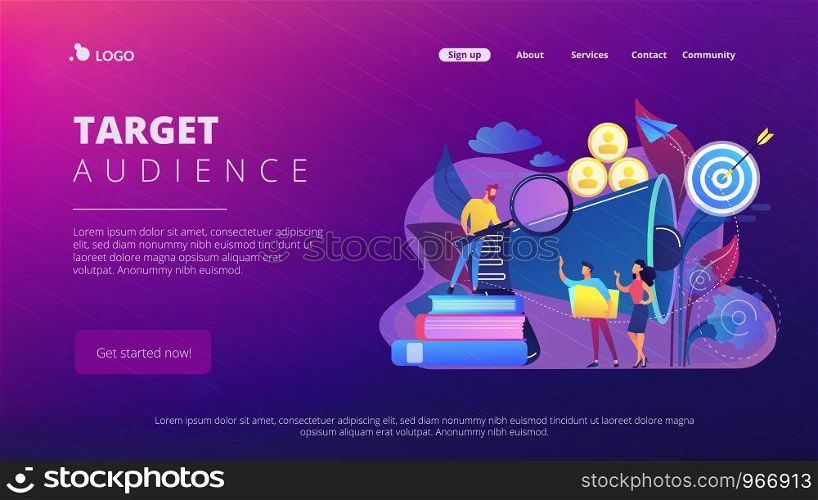 Businessman look with magnifier at target group. Market segmentation and adverts, target market and customer concept on white background. Website vibrant violet landing web page template.. Target group concept landing page.