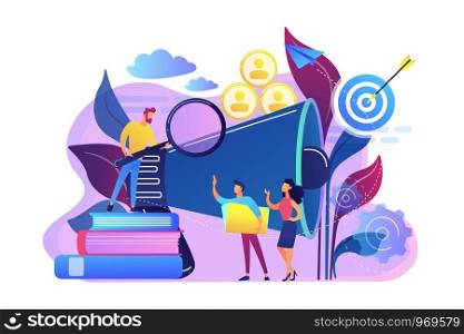 Businessman look with magnifier at target group. Market segmentation and adverts, target market and customer concept on white background. Bright vibrant violet vector isolated illustration. Target group concept vector illustration.