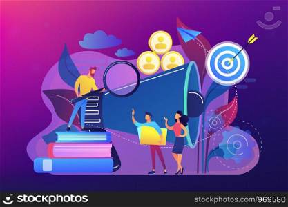 Businessman look with magnifier at target group. Market segmentation and adverts, target market and customer concept on ultraviolet background. Bright vibrant violet vector isolated illustration. Target group concept vector illustration.