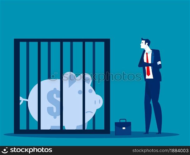 Businessman looking at a piggy bank in a cage
