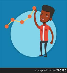 Businessman looking at chart going up. Businessman lifting a chart. Businessman pulling up a chart. Concept of business growth. Vector flat design illustration in the circle isolated on background.. Businessman looking at chart going up.