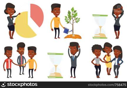 Businessman looking at hourglass symbolizing deadline. Man worrying about deadline terms. Time management and deadline concept. Set of vector flat design illustrations isolated on white background.. Vector set of business characters.