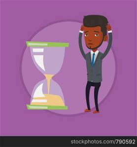 Businessman looking at hourglass symbolizing deadline. Man worrying about deadline terms. Time management and deadline concept. Vector flat design illustration in the circle isolated on background.. Desperate businessman looking at hourglass.