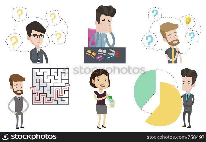 Businessman looking at labyrinth with solution. Caucasian businessman thinking about business solution. Business solution concept. Set of vector flat design illustrations isolated on white background.. Vector set of business characters.