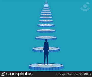 Businessman looking at the long coin ladder. Finance endless