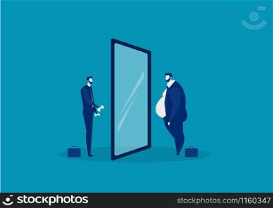 businessman looking at the mirror standing with fat belly. compare body thin vector