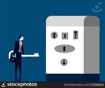 Businessman looking at treasure chest with several keyholes. Concept business illustration. Vector flat.