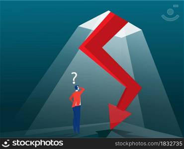 Businessman looking down at the falling arrow. Business and finance concept. Vector, Illustration, Flat