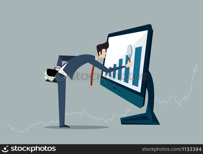 Businessman looking for investment opportunity standing on growth graph. Profit Stock Market. on laptop computer