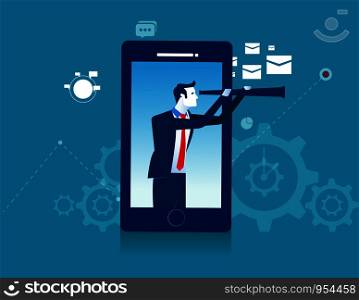 Businessman looking for smart phone with a telescope. Concept business success illustration. Vector cartoon character or abstract flat