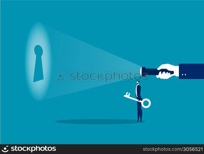 businessman looking guideline to put a key for work success or problem solution concept vector illustrator