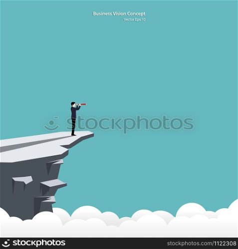 Businessman looking in telescope standing on cliff. Business vision concept, Leadership, Achievement, Target, Vector illustration flat