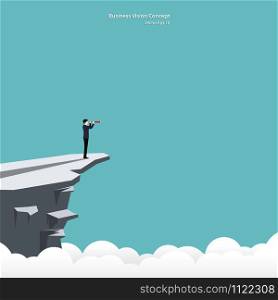 Businessman looking in telescope standing on cliff. Business vision concept, Leadership, Achievement, Target, Vector illustration flat