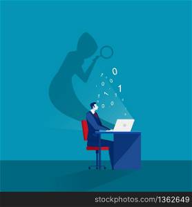 businessman looking on laptop computer with shadow mask stealing passwords and login computer security concept