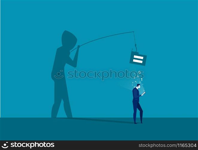 businessman looking on laptop smartphone with shadow mask stealing passwords and login phone security concept