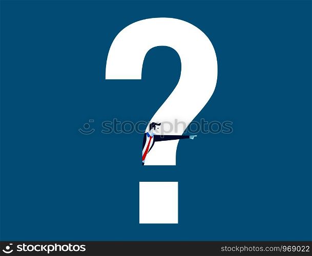 Businessman looking out from question mark and pointing to success. Concept success business illustration. Vector cartoon character and abstract