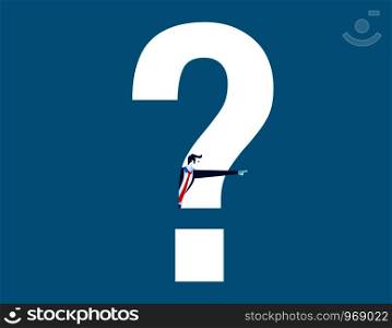 Businessman looking out from question mark and pointing to success. Concept success business illustration. Vector cartoon character and abstract
