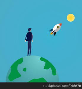 Businessman looking rocket launching to the moon on top of the eco earth. Business success and Vision concept. Good attitude and achievement concept. Vector illustration