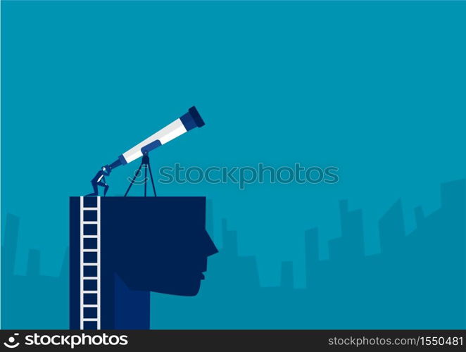 businessman looking sky on the head with big telescope for discovery new investment concept vector