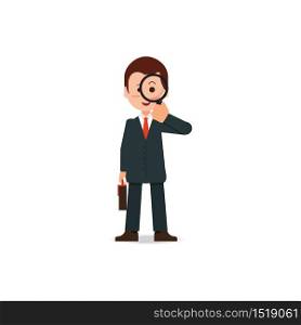 Businessman looking through a magnifying glass , cartoon character Flat style vector illustration.