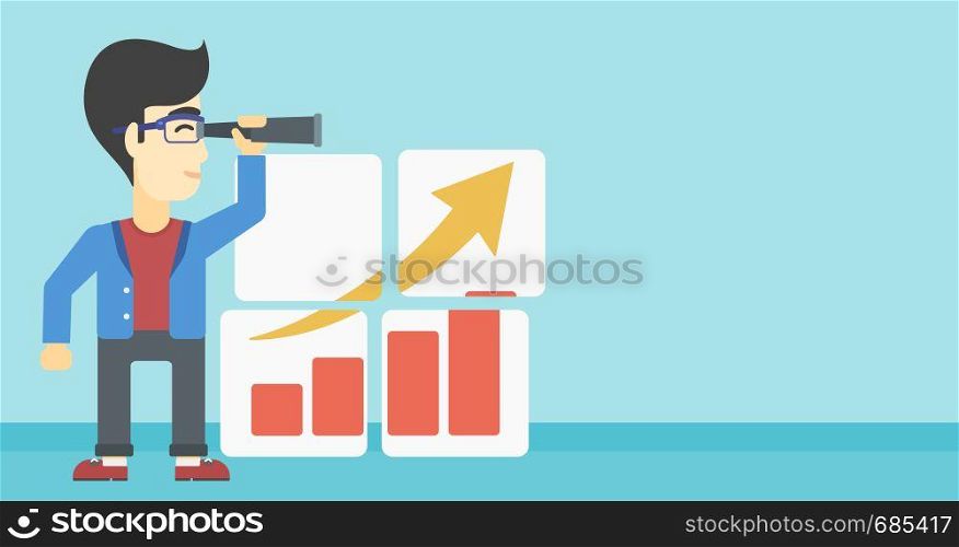 Businessman looking through a spyglass at chart. Man searching the opportunities for business growth. Business vision concept. Business vector flat design illustration. Horizontal layout.. Man searching opportunities for business growth.