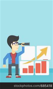 Businessman looking through a spyglass at chart. Man searching the opportunities for business growth. Business vision concept. Business vector flat design illustration. Vertical layout.. Man searching opportunities for business growth.